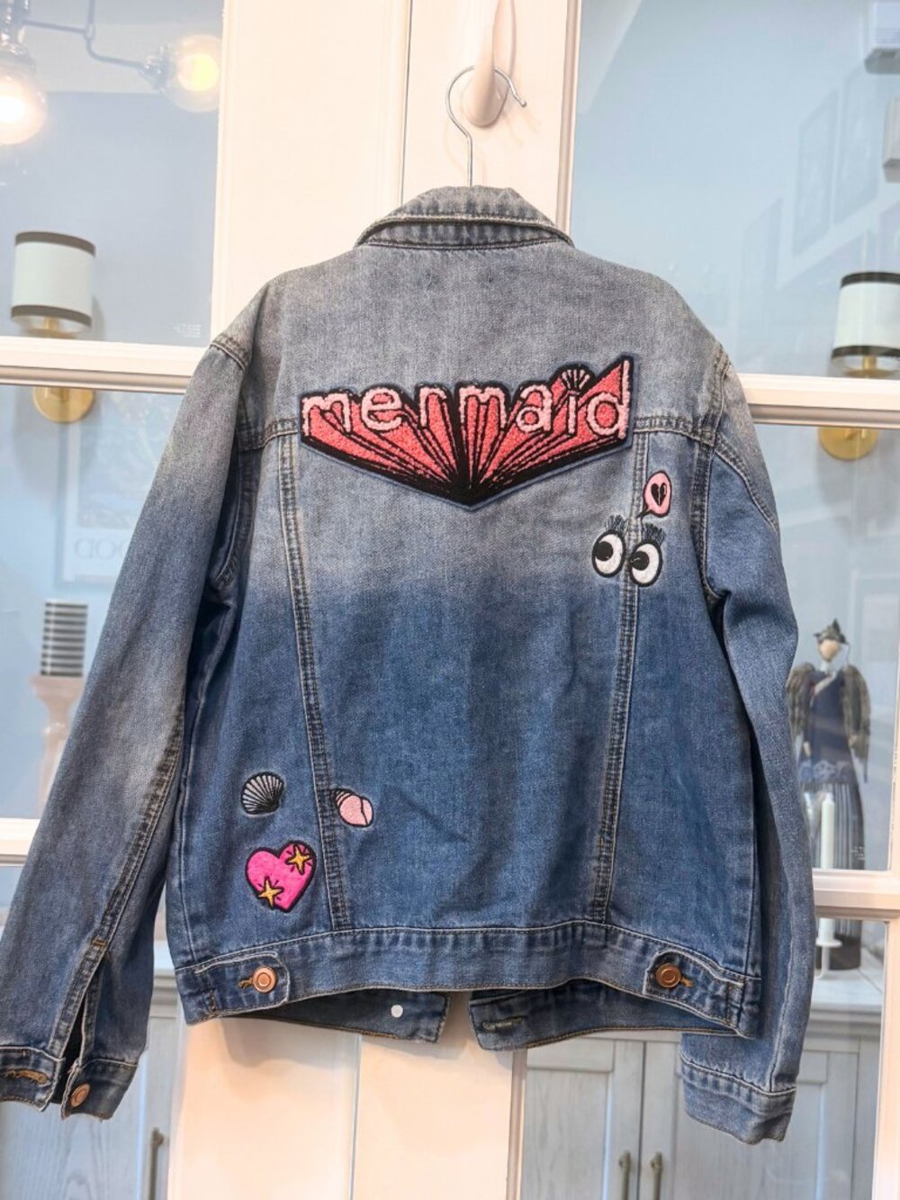 Forever 21 Girls Denim Jean Jacket Patches Mermaid Size 11/12 Unicorn Distressed